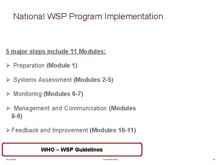 National WSP Program Implementation 5 major steps include 11 Modules: Ø Preparation (Module 1)