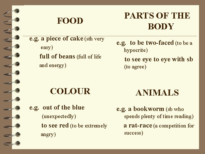 FOOD e. g. a piece of cake (sth very easy) full of beans (full FOOD e. g. a piece of cake (sth very easy) full of beans (full