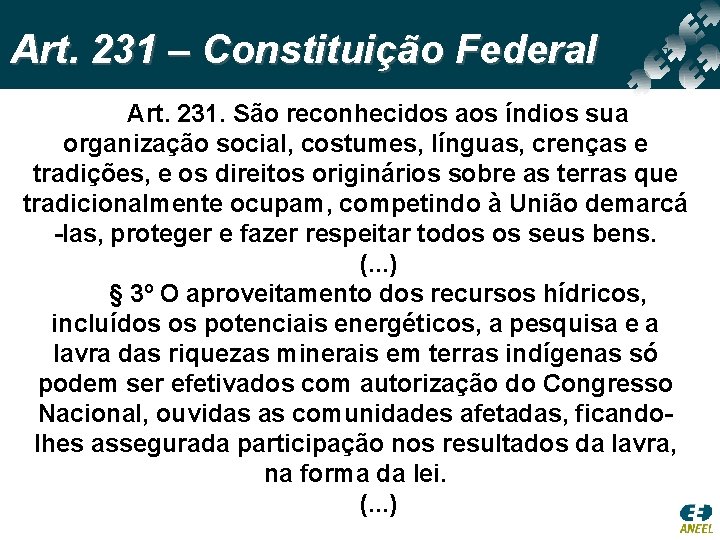 Art. 231 – Constituição Federal Art. 231. São reconhecidos aos índios sua organização social,