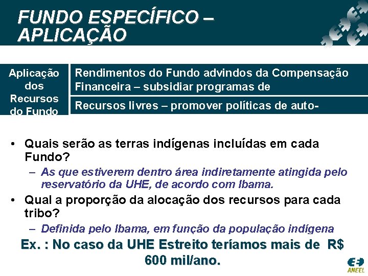 FUNDO ESPECÍFICO – APLICAÇÃO Aplicação dos Recursos do Fundo Rendimentos do Fundo advindos da