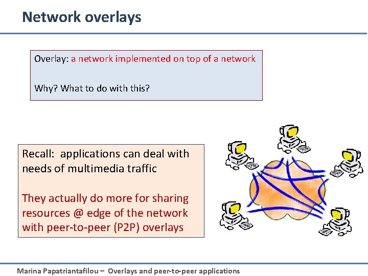 Network overlays Overlay: a network implemented on top of a network Why? What to