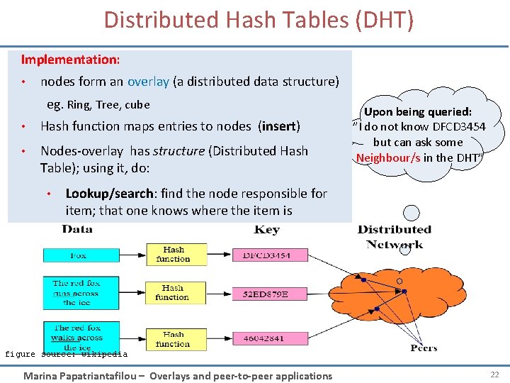 Distributed Hash Tables (DHT) Implementation: • nodes form an overlay (a distributed data structure)