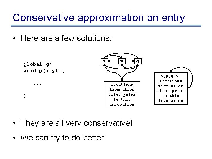 Conservative approximation on entry • Here a few solutions: global g; void p(x, y)