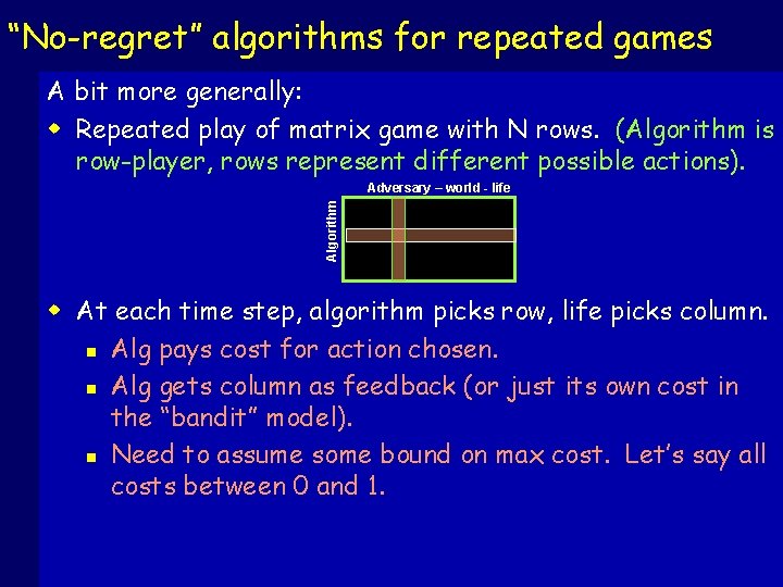 “No-regret” algorithms for repeated games A bit more generally: w Repeated play of matrix