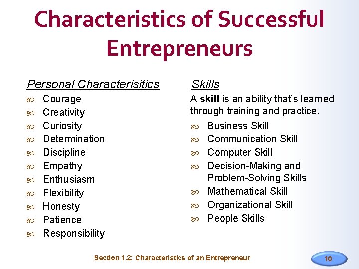Characteristics of Successful Entrepreneurs Personal Characterisitics Courage Creativity Curiosity Determination Discipline Empathy Enthusiasm Flexibility