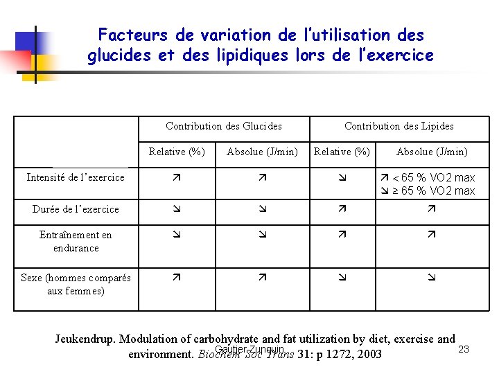 Facteurs de variation de l’utilisation des glucides et des lipidiques lors de l’exercice Contribution