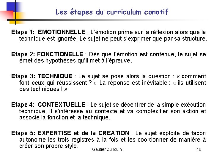 Les étapes du curriculum conatif Etape 1: EMOTIONNELLE : L’émotion prime sur la réflexion