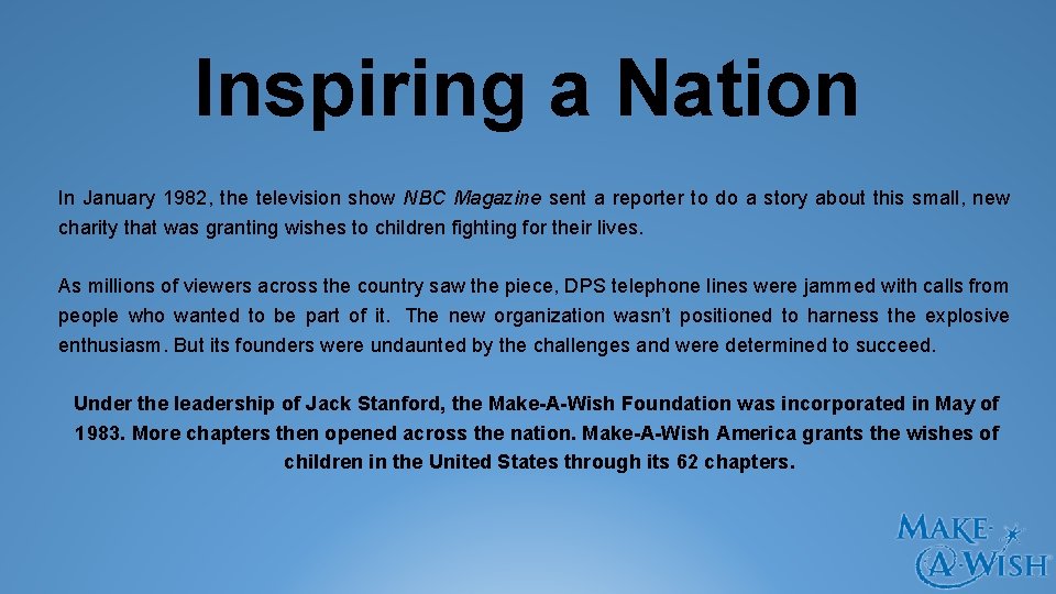 Inspiring a Nation In January 1982, the television show NBC Magazine sent a reporter