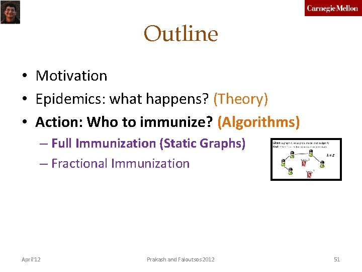 Outline • Motivation • Epidemics: what happens? (Theory) • Action: Who to immunize? (Algorithms)