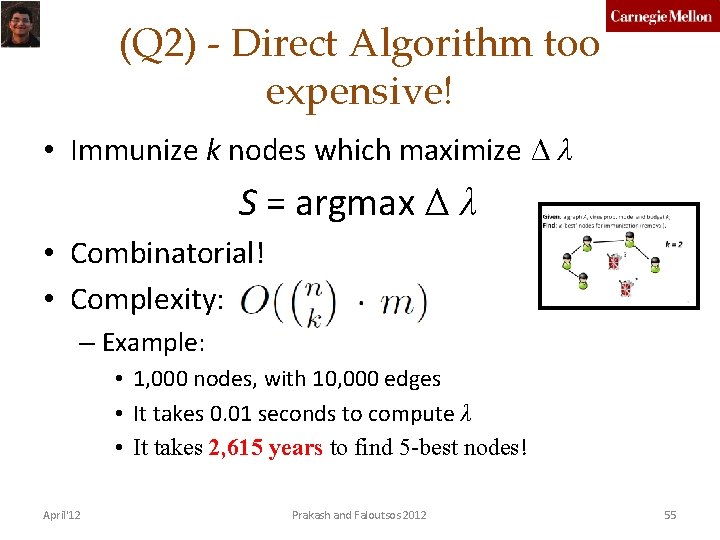 (Q 2) - Direct Algorithm too expensive! • Immunize k nodes which maximize Δ