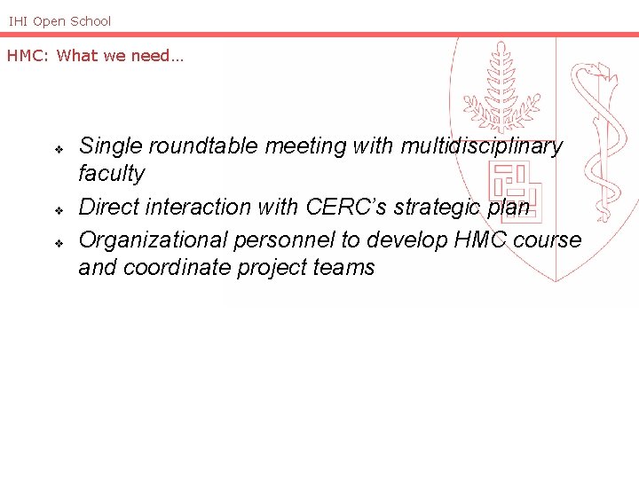 IHI Open School HMC: What we need… v v v Single roundtable meeting with