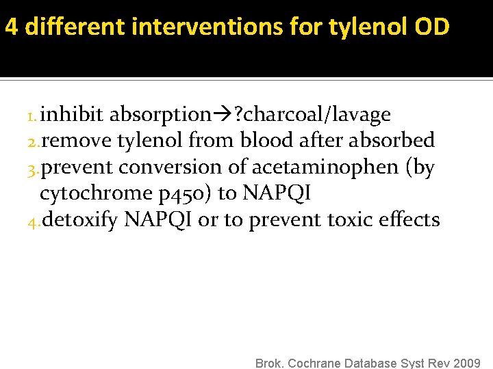 4 different interventions for tylenol OD 1. inhibit absorption ? charcoal/lavage 2. remove tylenol