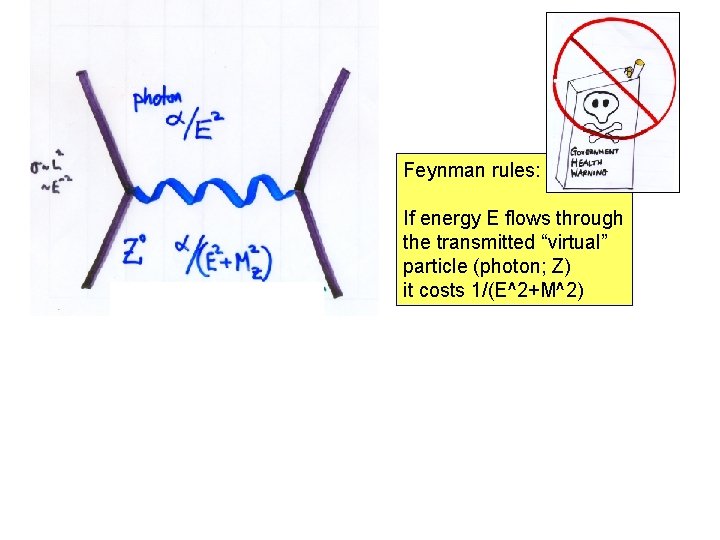 Feynman rules: If energy E flows through the transmitted “virtual” particle (photon; Z) it