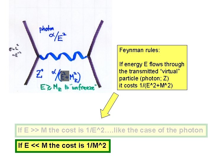 Feynman rules: If energy E flows through the transmitted “virtual” particle (photon; Z) it