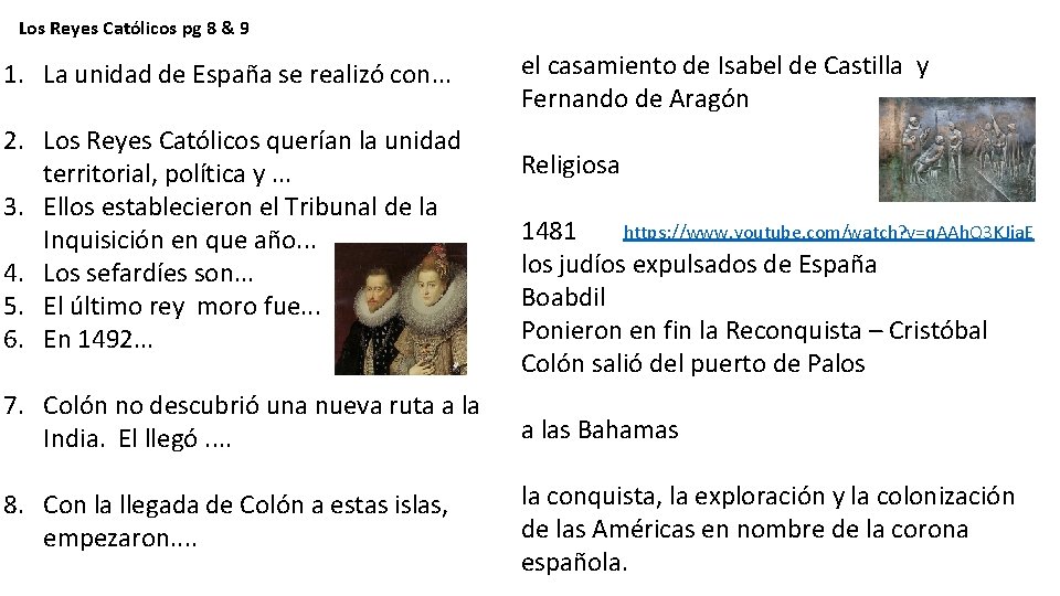 Los Reyes Católicos pg 8 & 9 1. La unidad de España se realizó
