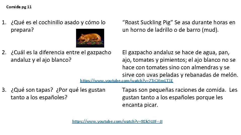 Comida pg 11 1. ¿Qué es el cochinillo asado y cómo lo prepara? “Roast