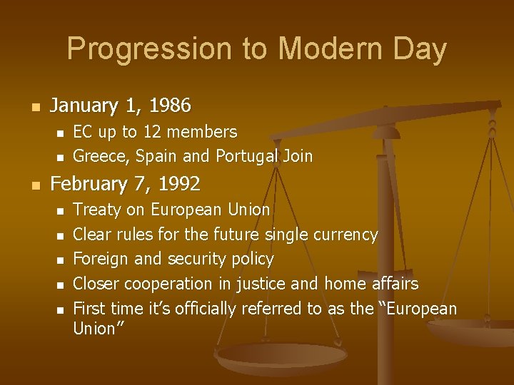 Progression to Modern Day n January 1, 1986 n n n EC up to