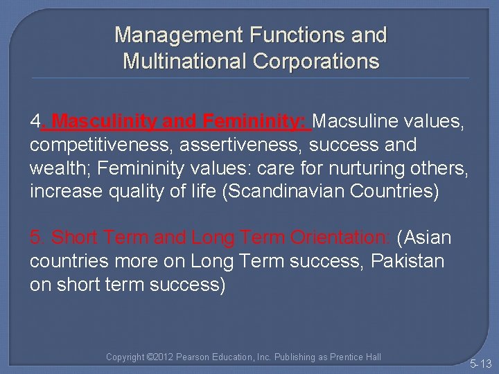 Management Functions and Multinational Corporations 4. Masculinity and Femininity: Macsuline values, competitiveness, assertiveness, success
