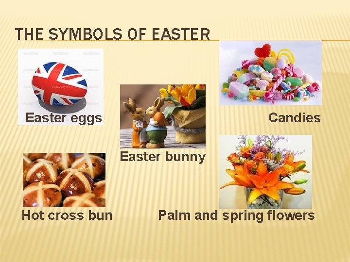 THE SYMBOLS OF EASTER Easter eggs Candies Easter bunny Hot cross bun Palm and