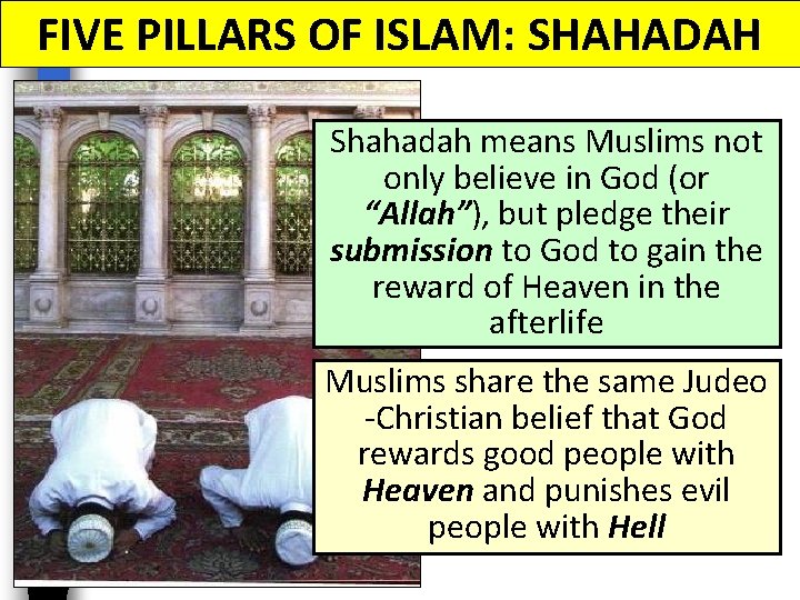 FIVE PILLARS OF ISLAM: SHAHADAH Shahadah means Muslims not only believe in God (or