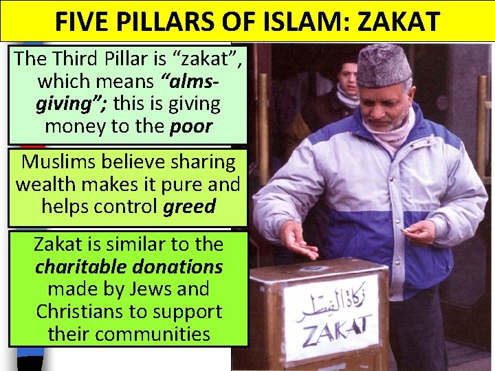 FIVE PILLARS OF ISLAM: ZAKAT The Third Pillar is “zakat”, which means “almsgiving”; this