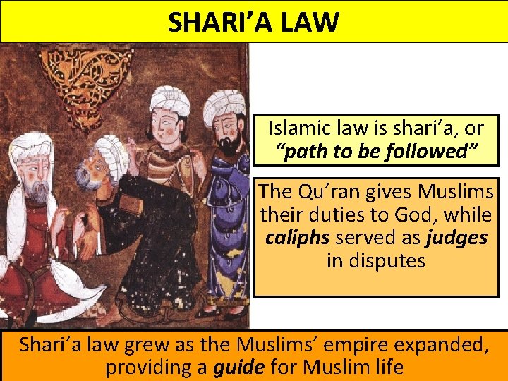 SHARI’A LAW Islamic law is shari’a, or “path to be followed” The Qu’ran gives