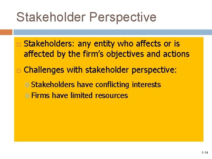 Stakeholder Perspective Stakeholders: any entity who affects or is affected by the firm’s objectives