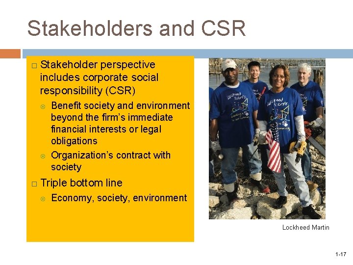 Stakeholders and CSR Stakeholder perspective includes corporate social responsibility (CSR) Benefit society and environment