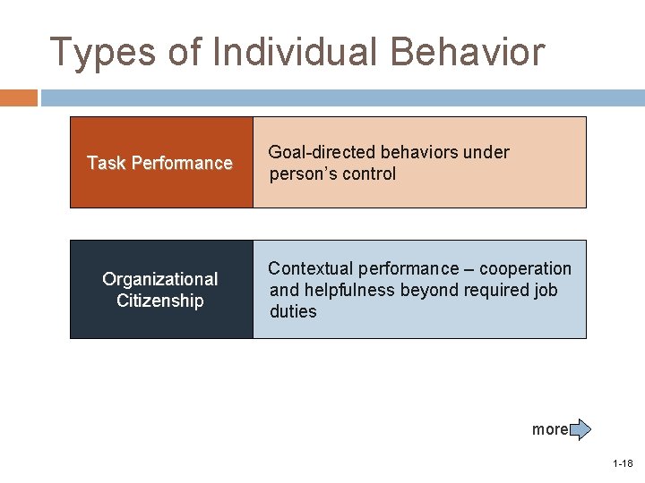 Types of Individual Behavior Task Performance Organizational Citizenship Goal-directed behaviors under person’s control Contextual