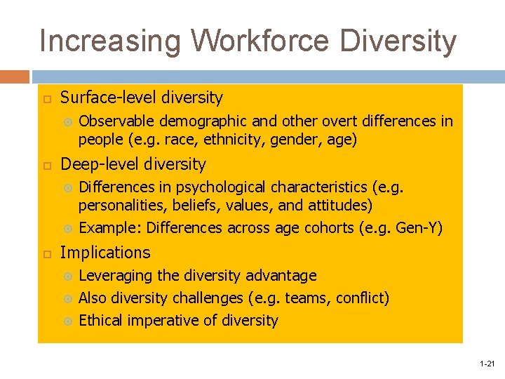 Increasing Workforce Diversity Surface-level diversity Deep-level diversity Observable demographic and other overt differences in