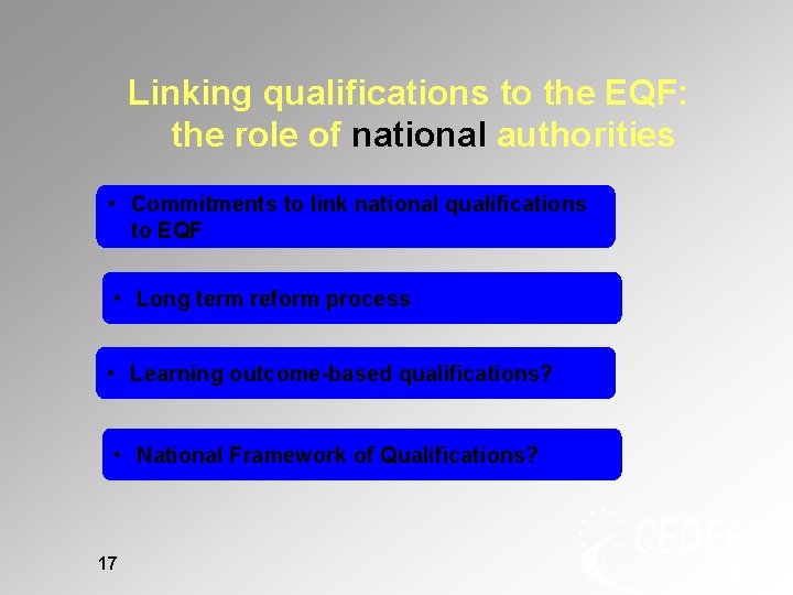 Linking qualifications to the EQF: the role of national authorities • Commitments to link Linking qualifications to the EQF: the role of national authorities • Commitments to link