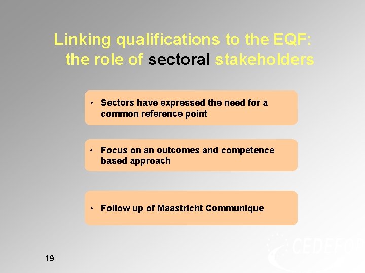 Linking qualifications to the EQF: the role of sectoral stakeholders • Sectors have expressed Linking qualifications to the EQF: the role of sectoral stakeholders • Sectors have expressed