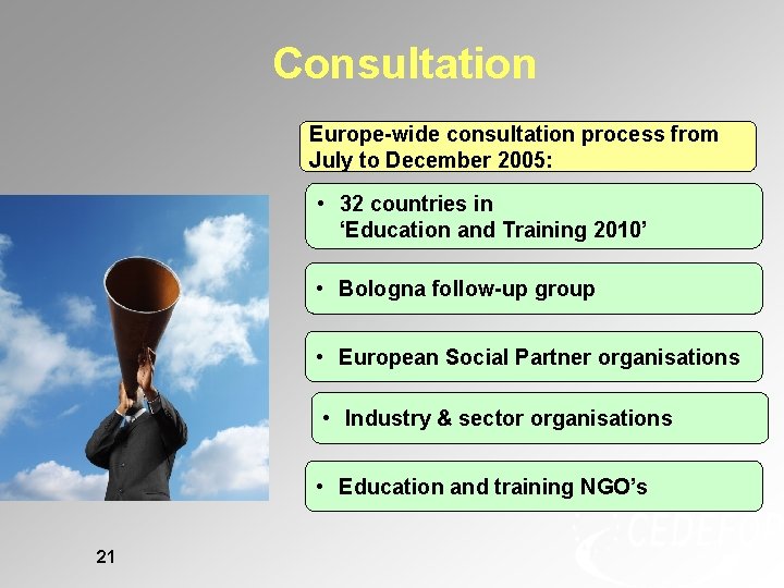 Consultation Europe-wide consultation process from July to December 2005: • 32 countries in ‘Education Consultation Europe-wide consultation process from July to December 2005: • 32 countries in ‘Education