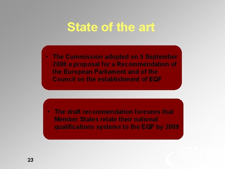 State of the art • The Commission adopted on 5 September 2006 a proposal State of the art • The Commission adopted on 5 September 2006 a proposal