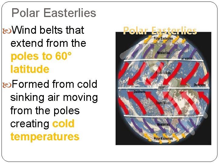 Polar Easterlies Wind belts that extend from the poles to 60° latitude Formed from