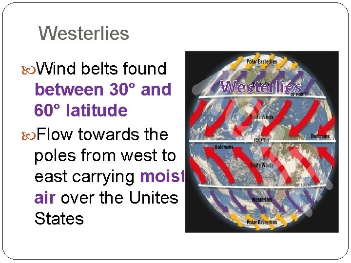 Westerlies Wind belts found between 30° and 60° latitude Flow towards the poles from