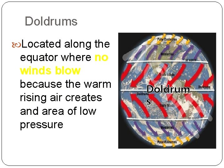 Doldrums Located along the equator where no winds blow because the warm rising air