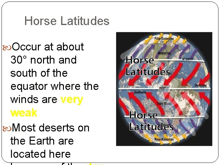 Horse Latitudes Occur at about 30° north and south of the equator where the