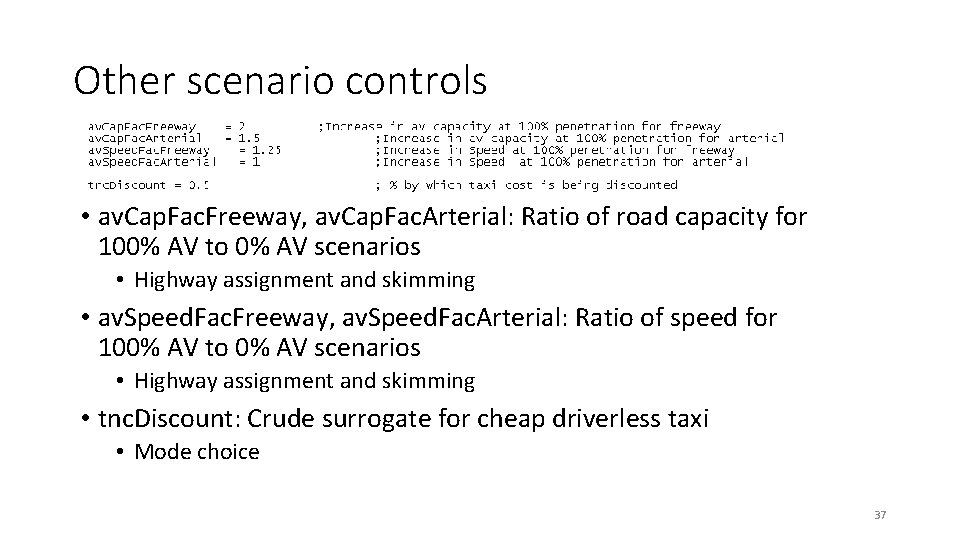 Other scenario controls • av. Cap. Fac. Freeway, av. Cap. Fac. Arterial: Ratio of Other scenario controls • av. Cap. Fac. Freeway, av. Cap. Fac. Arterial: Ratio of