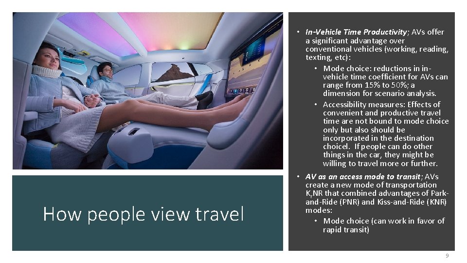 How people view travel • In-Vehicle Time Productivity; AVs offer a significant advantage over How people view travel • In-Vehicle Time Productivity; AVs offer a significant advantage over