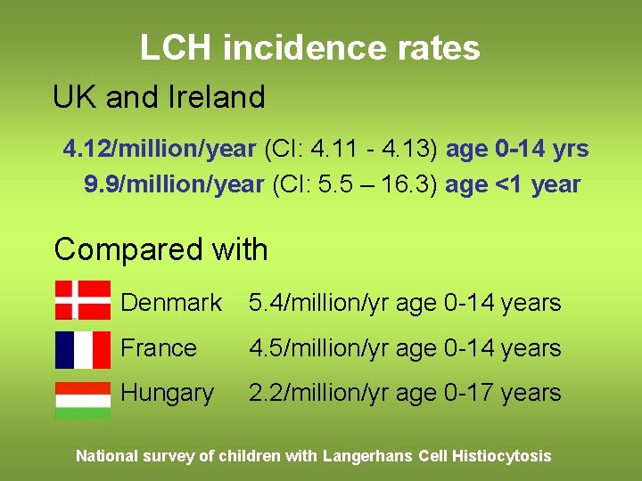 LCH incidence rates UK and Ireland 4. 12/million/year (CI: 4. 11 - 4. 13)