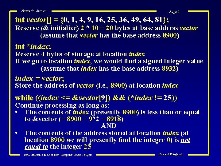 Numeric Arrays Page 2 int vector[] = {0, 1, 4, 9, 16, 25, 36,