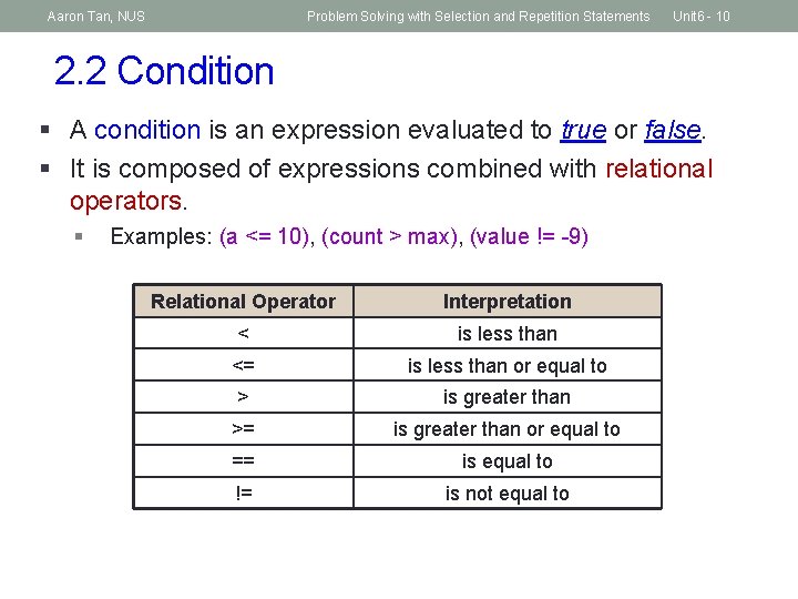 Aaron Tan, NUS Problem Solving with Selection and Repetition Statements Unit 6 - 10