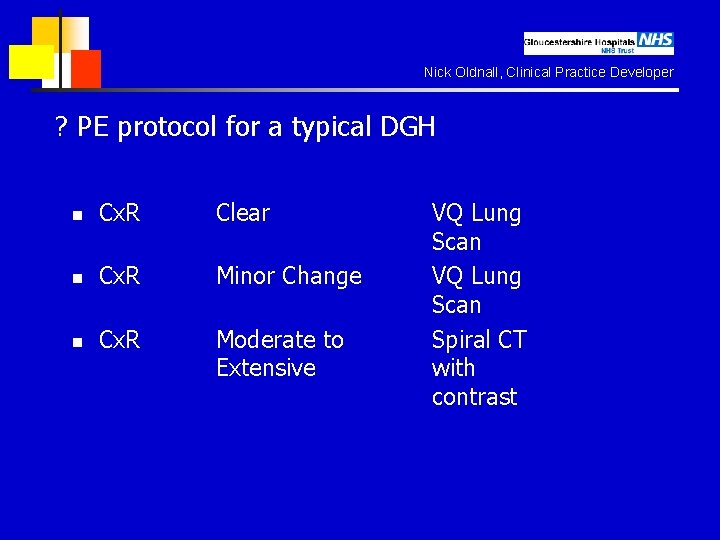 Nick Oldnall, Clinical Practice Developer ? PE protocol for a typical DGH n Cx.