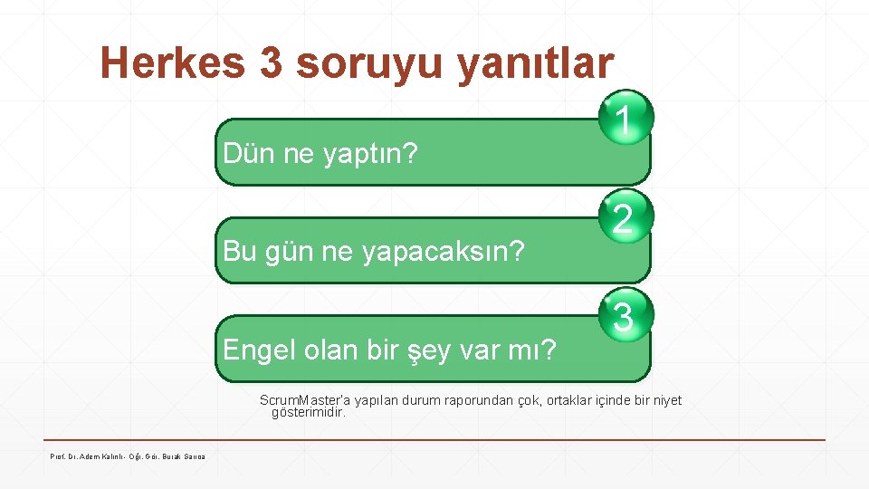 Herkes 3 soruyu yanıtlar Dün ne yaptın? Bu gün ne yapacaksın? Engel olan bir