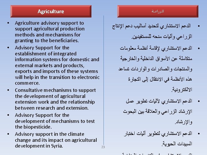 Agriculture • • • Agriculture advisory support to support agricultural production methods and mechanisms