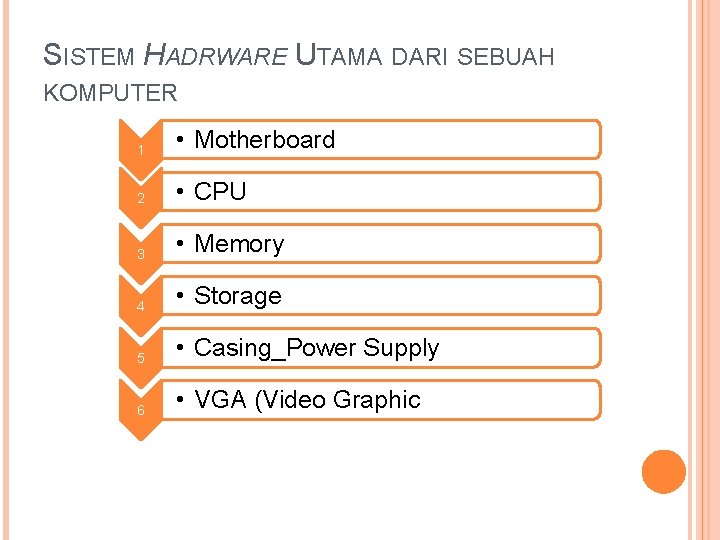 SISTEM HADRWARE UTAMA DARI SEBUAH KOMPUTER 1 • Motherboard 2 • CPU 3 •