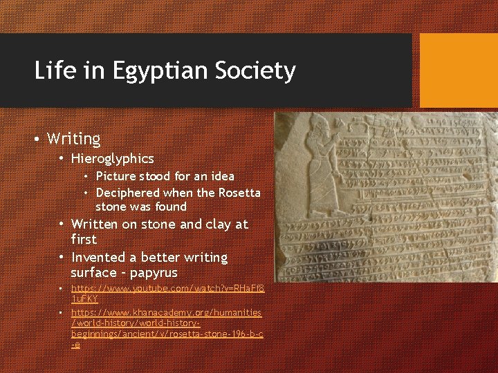 Life in Egyptian Society • Writing • Hieroglyphics • Picture stood for an idea