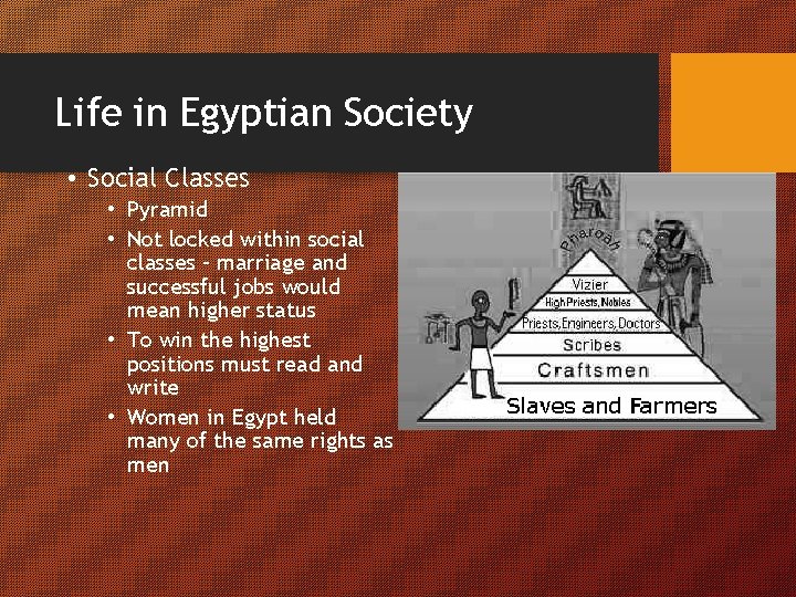 Life in Egyptian Society • Social Classes • Pyramid • Not locked within social