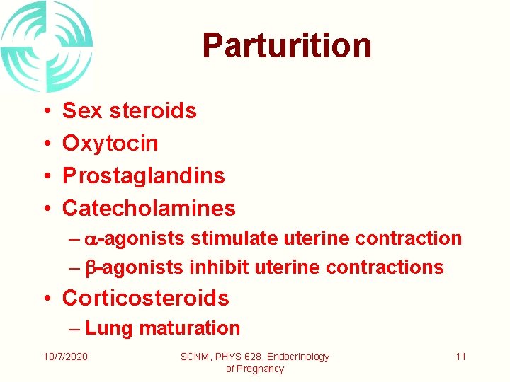 Parturition • • Sex steroids Oxytocin Prostaglandins Catecholamines – -agonists stimulate uterine contraction –